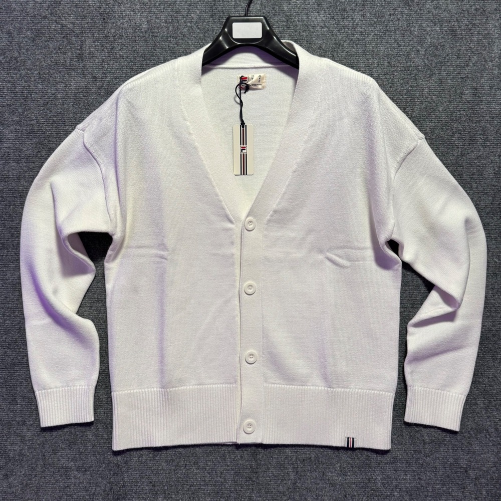 Fila Baseline Cardigan Sweater‎ Mens Medium White V Neck Knitwear Heavyweight